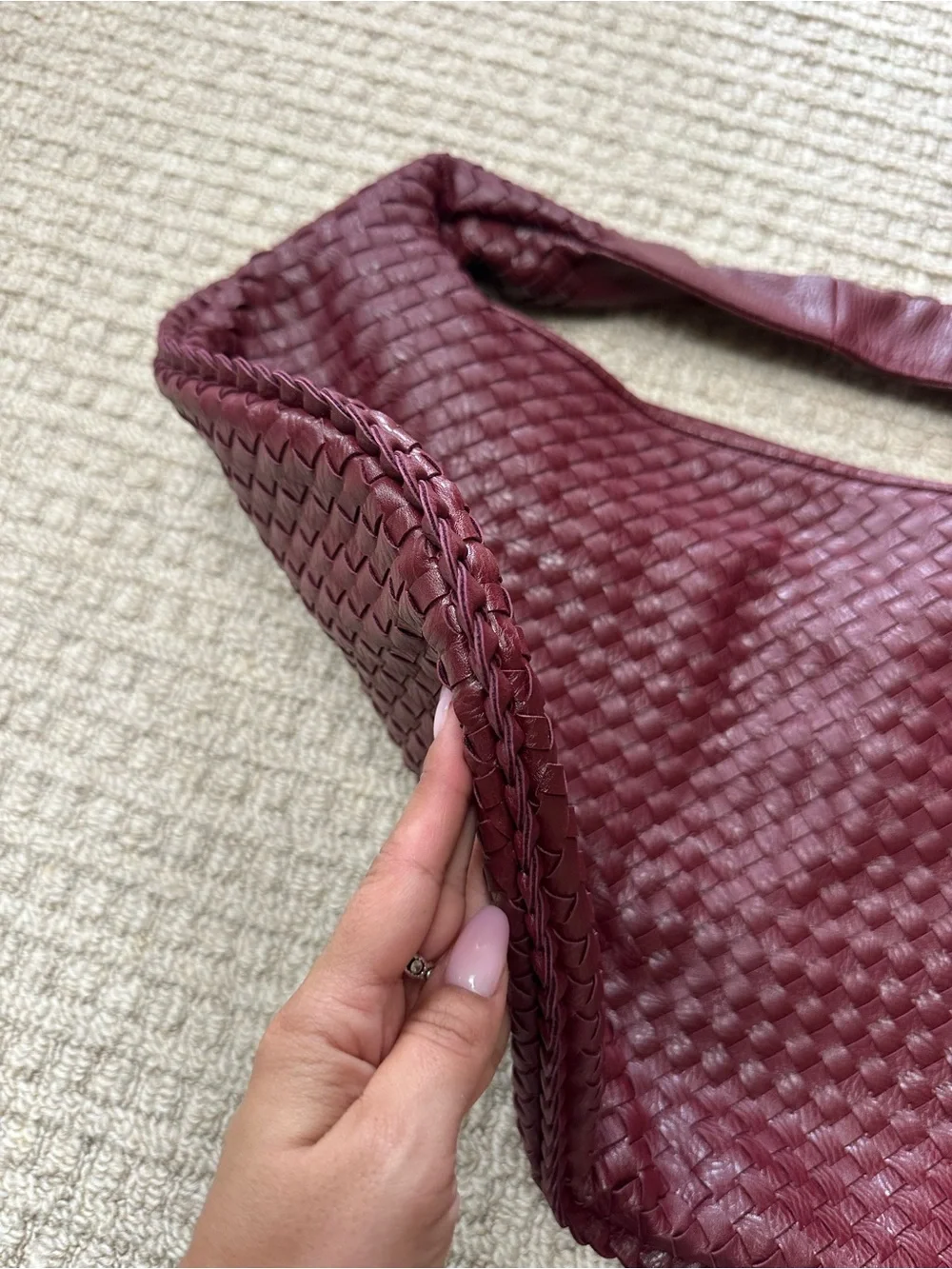 Burgundy Woven Faux Leather Intrecciato Braided Boho Maxi Shoulder Bag
